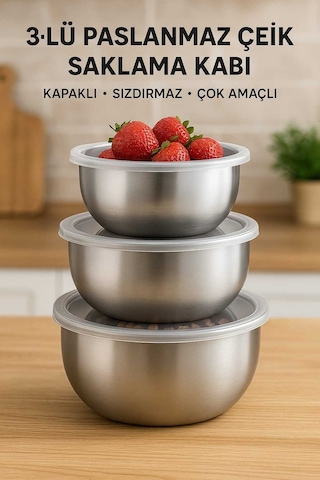 Enashop 3'lü Çelik Saklama Kabı 12-14-16 Cm 6 Parça Metalik