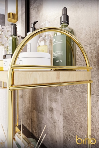 Bino Mutfak Rafı Masaüstü Düzenleyici Organizer Mutfak Banyo Dolabı 2 Katlı Raf Oval Raf Kitaplık Altın