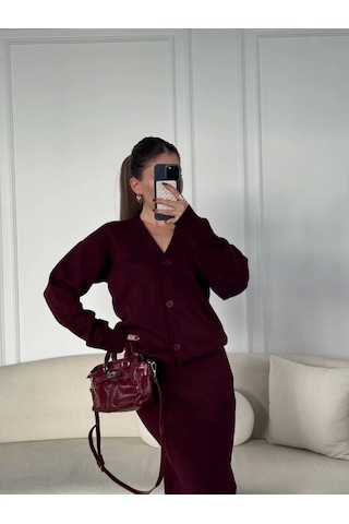 V Yaka 3 Düğmeli Hırka Takım Triko İkili Etekli - Bordo Bordo