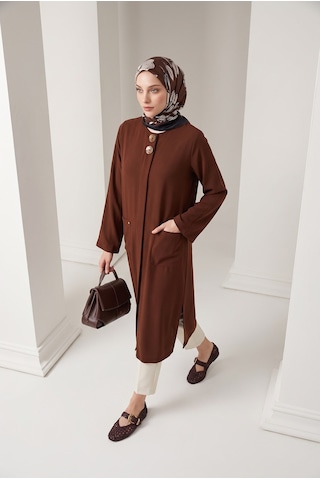 Armine Trend Düğme Detaylı Beli Lastikli Ve Kuşaklı Cepli Giy Çık Kahverengi 26yt517