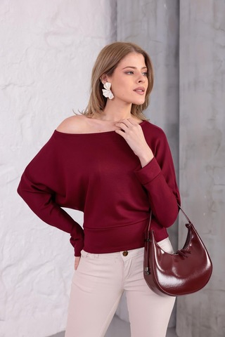 Ckm Moda Luna Yarasa Kol Bel Büzgü Detaylı Bluz Bordo