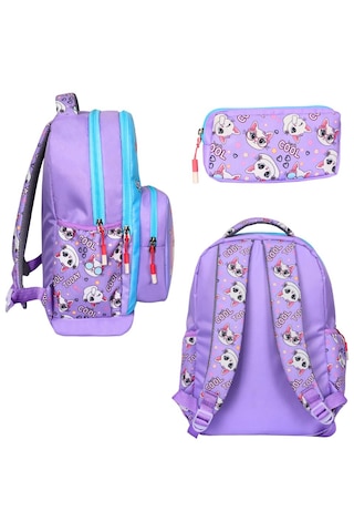 İlkokul Kedi Baskılı Lila, 3 Lü Kız Çocuk Beslenmeli Ve Kalemlikl