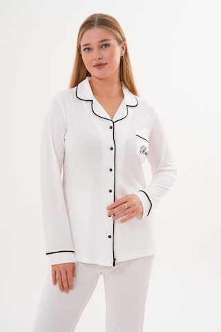 Mecit Pijama Mecit 6307 Ekru Boydan Düğmeli Kadın Pijama Takımı Ekru