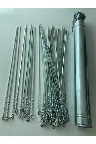 50 Adet-Kare Ciğer Kuşbaşı Şiş ve Şiş Kabı 50Cm - Mangal Şiş Set