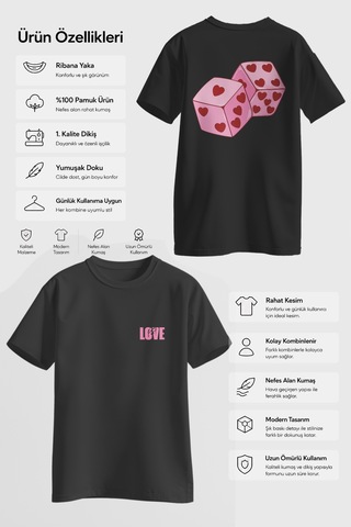 Spoyi Aşk Zarları Tasarımlı %100 Pamuk Yarım Oversize Siyah T-shirt