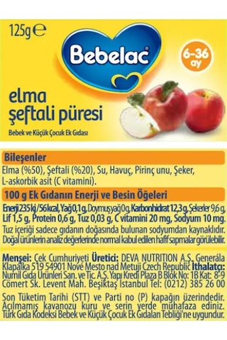 Bebelac Elma Şeftali Püreli 6-36 Ay Kavanoz Maması 125 G
