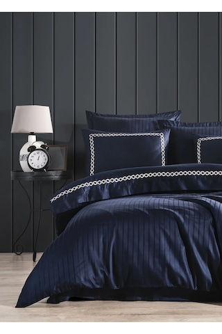 Dantela Nüans Nakışlı Pamuksaten Çift Kişilik Nev.takımı-lacivert Lacivert