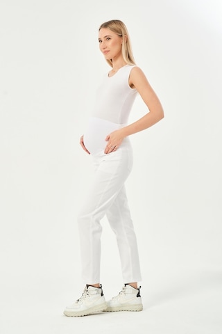 Busa Hamile Esnek Karın Bantlı Beli Ayarlanabilir Mom Fit Kot Pantolon Beyaz-beyaz