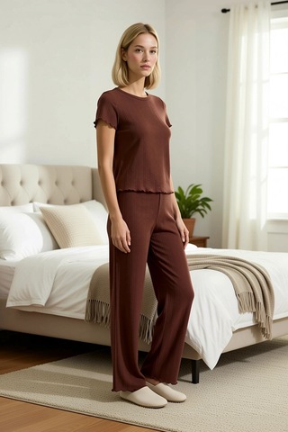 Benerly Kadın Bisiklet Yaka Kısa Kol Regular Kalıp Çiçekli Pijama Takımı Kahverengi