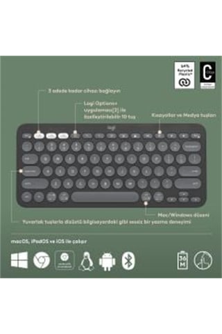 Logıtech K380s Pebble Keys 920-011859 2 Çoklu Cihaz Özellikli Bluetooth Türkçe Q Klavye Gri