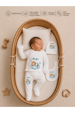 Pia Baby İsme Özel Erkek Bebek Hastane Çıkışı 6 Parça Zıbın Takımı Pamuk Organik Baskılı Erkek Bebek 1010zk0x Ekru