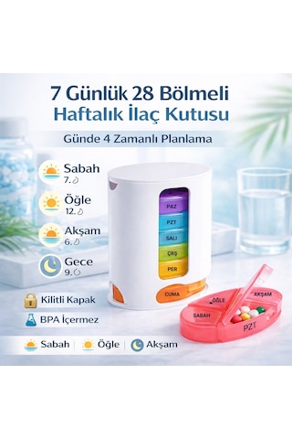 Polham 7 Günlük 28 Bölmeli Haftalık İlaç Kutusu Kilitli Kapak, Bpa İçermez, Günde 4 Zamanlı İlaç Ve Takviye Düzenleyici Beyaz