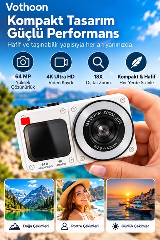 4k Dijital Fotoğraf Makinesi 18x Dijital Zoom 64 Mp Ön Ve Arka Ekranlı Kompakt Kamera Beyaz
