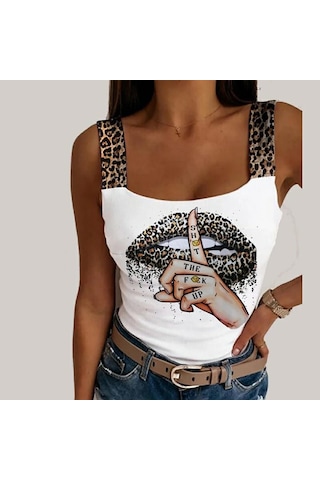 Etiler Collection Kadın Leopar Askılı Leopar Baskılı Mikro Kumaş Bluz Beyaz