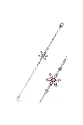 925 Ayar Pembe Taşlı Rodyum Lotus Çiçeği Gümüş Bileklik Gümüş - Rodyum