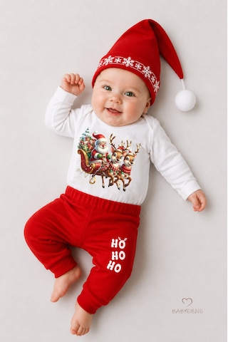 Babyden's Bebek Yılbaşı Noel Kıyafeti 3 Lü Takım,noel Baskılı Uzun Kollu Body ,kırmızı Pantolon,ponponlu Şapka Unisex Kırmızı - Beyaz
