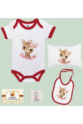 Bk Kids Kişiye Özel İsimli 5 Parça Kırmızı Bebek Body Zıbın Yastık Hediye Seti, Yeni Doğan Bebek Giyim Hediyesi-9 Kırmızı