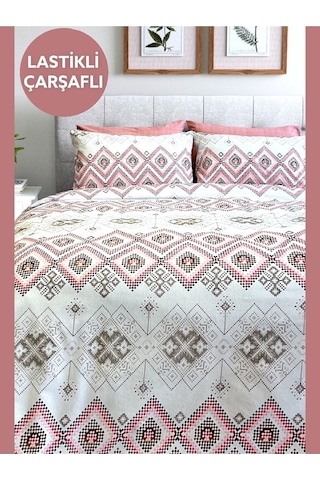 Tek Kişilik Ranforce Nevresim Takımı Lastikli Çarşaflı Bohemıan Pudra