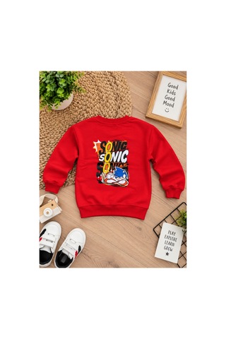 Uğur Bebe Unisex Çocuk Kırmızı Renk Sonic The Hedgehog Baskılı 3 İplik Şardonsuz Sweatshirt Sonic Baskılı %100 Pamuk Bisiklet Yaka Uzun Kollu Kırmızı Kırmızı