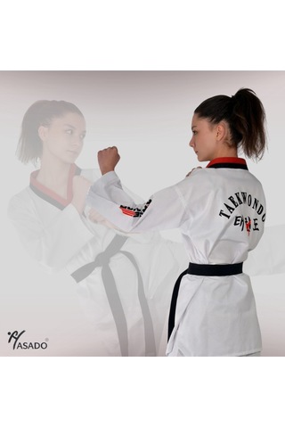 Haşado Şeritli Pum Yaka Fitilli Taekwondo Elbisesi Kırmızı-siyah Yaka Beyaz