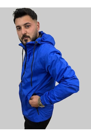 Erkek Kapüşonlu File Detaylı Saks Mavisi Yağmurluk Saks Mavisi Saks
