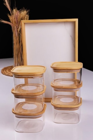 Duo 400ml 6'lı Bambu Beyaz Mermer Desen Tepsili Bambu Vakumlu Kapaklı Cam Kahvaltılık Bambu