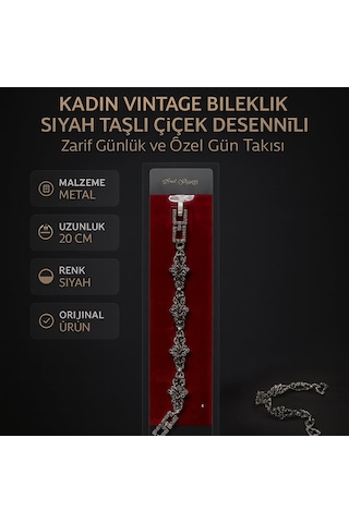 Kadın Vintage Bileklik Siyah Taşlı Çiçek Desenli Zarif Günlük Ve Özel Gün Takısı Siyah - Gümüş