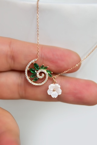 Papatya Silver 925 Ayar Gümüş Rose Kaplama Yeşil Taşlı Tasarım Sedef Manolya Çiçeği Kolye
