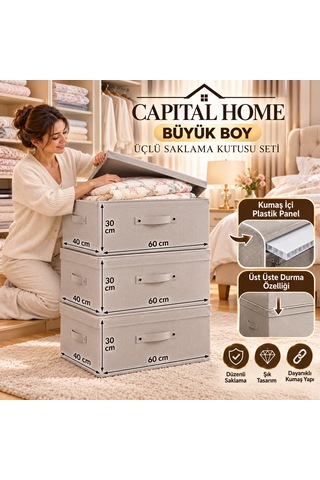 Capital Home 3'lü Set Çok Amaçlı Düzenleyici Hurç + Saklama Kutusu +kapaklı Büyük Boy 60 X 40 X 30 Cm Cappuccino