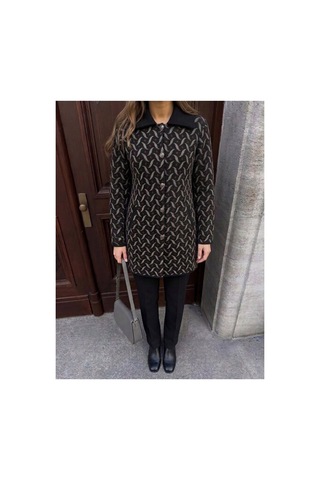 Onno Style Women Desenli Çelik Örgü Uzun Triko Kadın Kaban Siyah