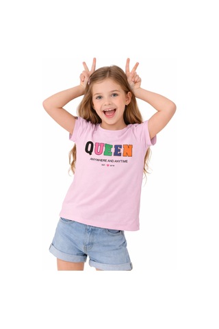 İrem Çocuk Giyim Kız Çocuk Queen Yazı Desenli Omzu Şerit Detaylı Kısa Crop Pembe Renk Tişört Pembe
