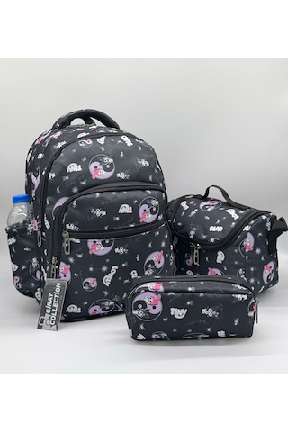 Sevimli Karakter Desenli Beslenmeli İlkokul Çanta Seti Siyah