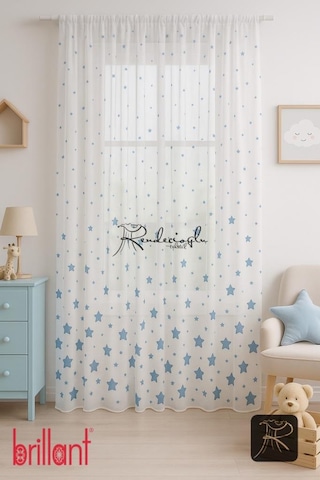 Brillant Marka Yıldız Desenli Tül Perde Örme Kumaş, Çocuk Odası İçin Özel Tasarım Mavi Mavi