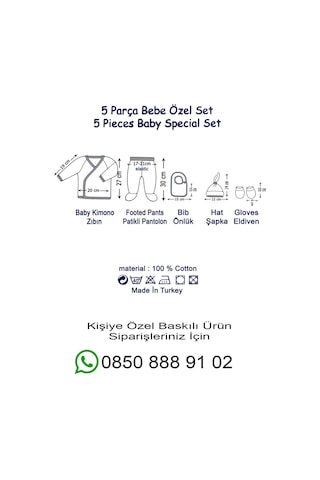 %100 Pamuk Baskılı 5 Li Isimli Organik Bebek Hastane Çıkışı Beyaz