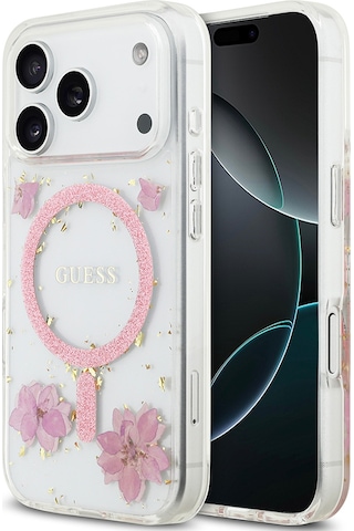 Apple Uyumlu iPhone 17 Pro Kılıf Guess Lisanslı M-safe Şarj Özellikli Transparan Resin Flowers Kapak Pembe Pembe
