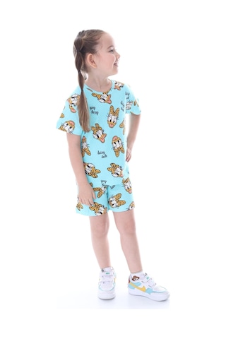 %100 Pamuk Interlok Kumaş Kısa Kollu Şortlu Kız Çocuk Pijama Takımı 3,4,5,6,7,8 Yaş Turkuaz