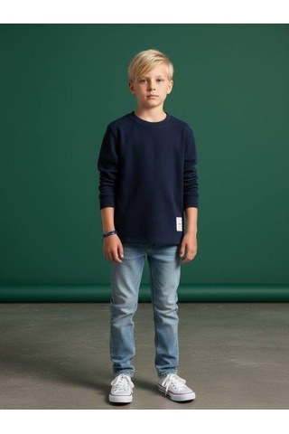 Zekids Erkek Çocuk Pamuklu Dokulu Kumaş İnce Uzun Kollu Sweatshirt-16630 Lacivert