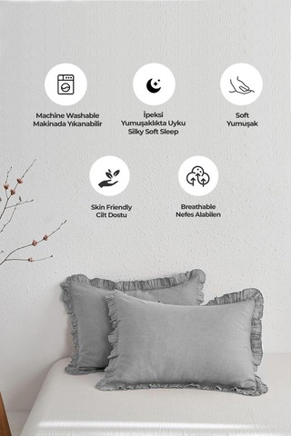 Evlen Home Pamuklu Taş Yıkama Fırfırlı Nevresim Takımı Çift Kişilik 4 Parça Barella Yumuşak Nevresim Seti Gri Gri
