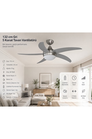 132 Cm Gri 5 Kanatlı Tavan Vantilatörü Uzaktan Kumandalı Sessiz Çalışma Zaman Ayarlı 60 Watt