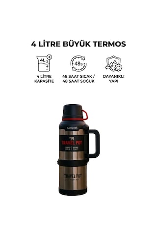 Kamp Dağ Balıkçılık Trekking Piknik Büyük Boy Termosu 4 Litre Çelik 48 Saat Sıcak Soğuk Muhafazalı Gri
