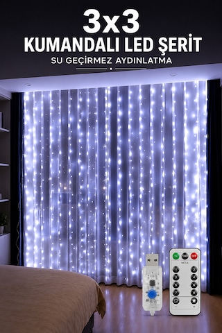 3x3 Metre Kumandalı Led Perde Işık Beyaz Usb 8 Modlu Dekoratif Aydınlatma