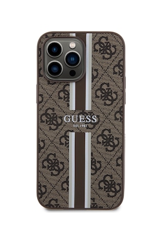 Apple Uyumlu iPhone 14 Pro Max Kılıf Guess Lisanslı Magsafe Şarj Özellikli 4g Şerit Tasarımlı Printed Kahverengi