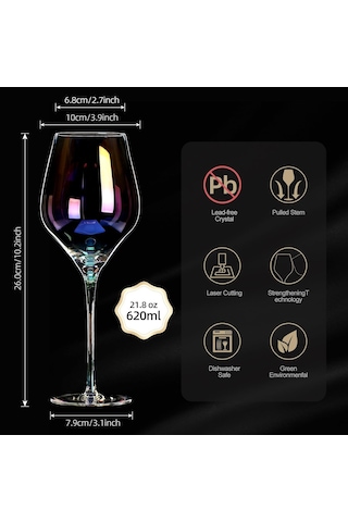 Şarap Kadehleri 2'li Set, 22 Oz El Üflemeli Beyaz Ve Kırmızı Şarap Kadehleri. Kurşunsuz Premium Kristal Yanardön Çok Renkli