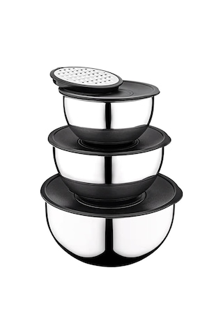 Pratikşef 9 Parça Rendeli Karıştırma Ve Saklama Kabı Paslanmaz Çelik Blender Uyumlu 16-20-24 Cm Gümüş