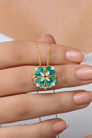 Nereze 925 Ayar Gümüş Mıknatıslı Ayrılabilir Gold Yeşil Mineli 4 Kalpli Yonca Kolye