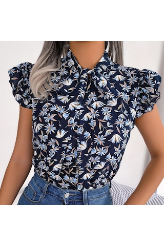 Gmxıa Kadın Modası Rahat Yaz Çiçek Desenli Kolsuz V Yaka Bluzlar Ve Ahşap Kulak Kenarlı Fiyonklu Şifon Gömlekler Koyu Mavi
