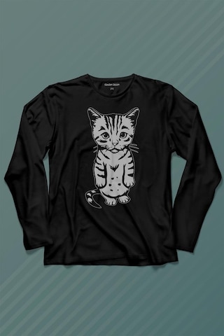 Sevimli Minik Patili Bıyıklı Cat Minnoş Mahçup Üzgün Kedi Uzun Kollu Tişört Baskılı T-shirt 001