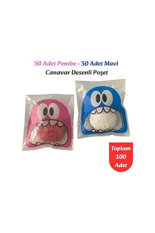 100 Adet Pembe-mavi Renkli Canavar Desenli Cake Pop & Kurabiye Poşeti-10x15 Cm