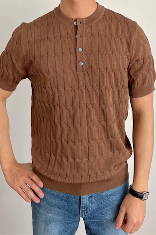 Tarz Cool Erkek Hakim Yaka Düğmeli Slim Fit Triko T-shirt Kahverengi