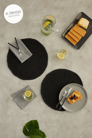 Ocean Home Textile 2 Adet Rafya Sofra Sunum Tabak Altlığı Supla Amerikan Servisi 36 x 36 CM Siyah